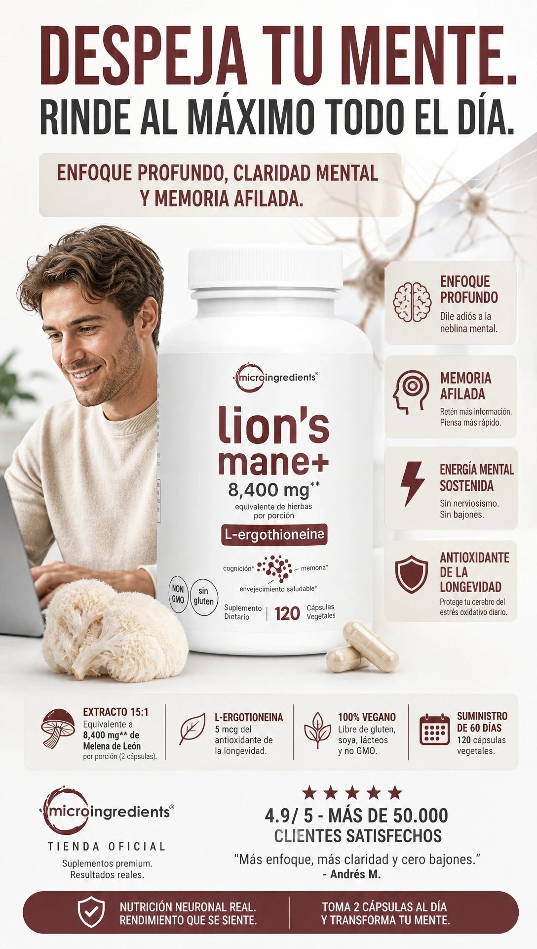 Microingredients™ Melena de León Potencia Cerebral Avanzada con L-Ergotioneina (8,400 mg eq.), sin OGM, gluten y vegano (120 caps)
