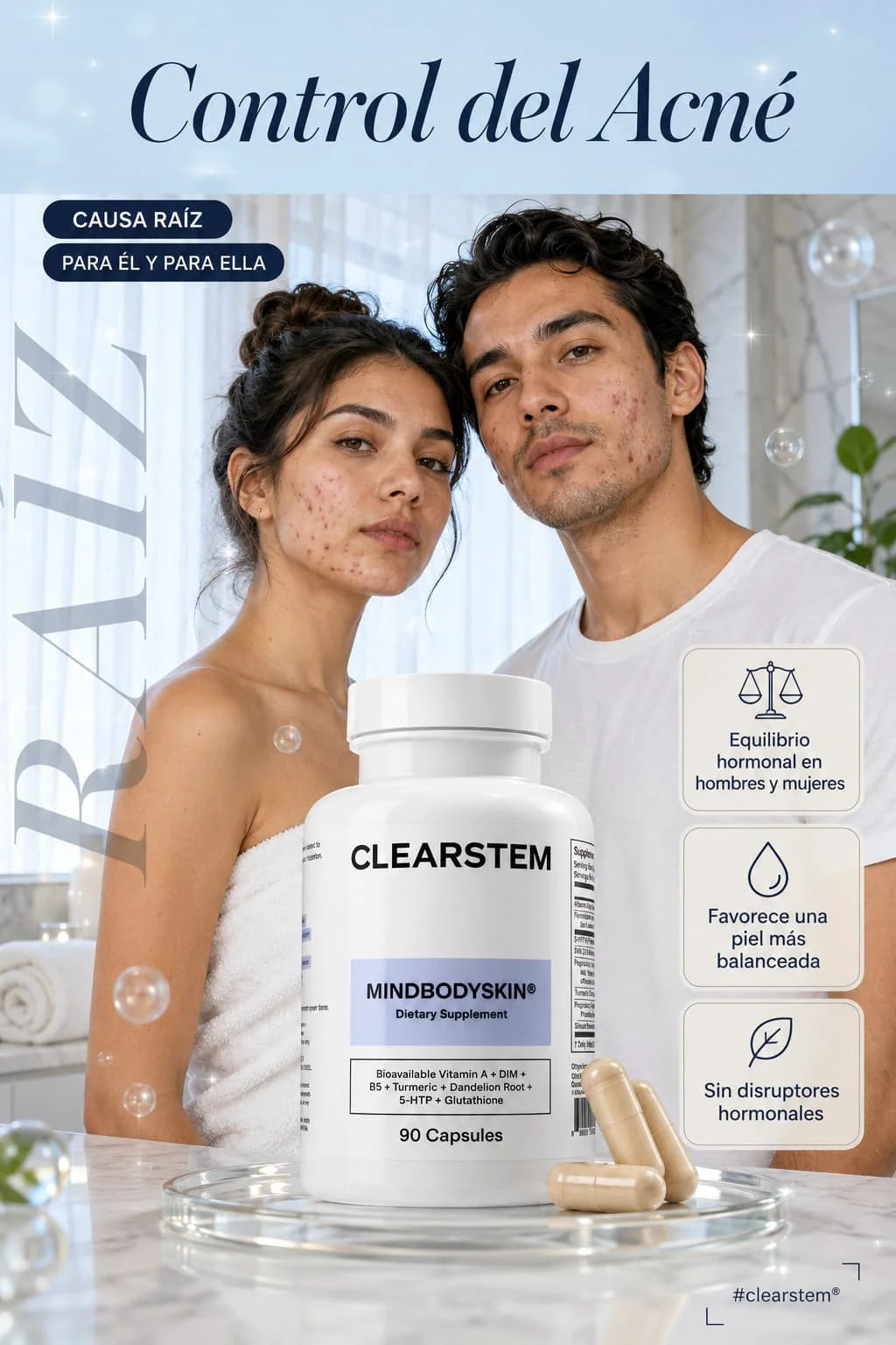 Tratamiento Anti-Acné Hormonal Clearstem MINDBODYSKIN® (90 Cápsulas)