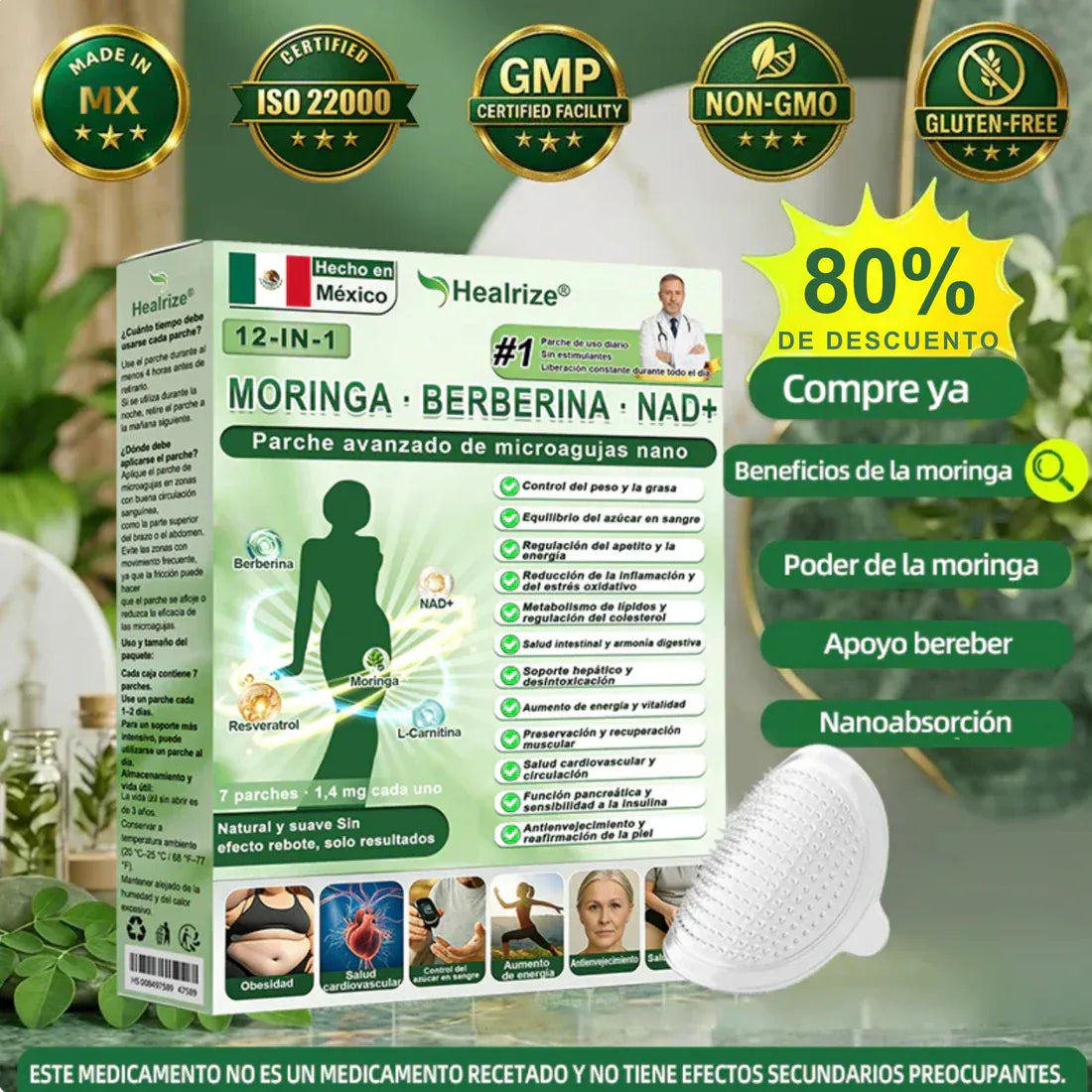 Tienda Oficial | Healrize® Moringa · Berberine × NAD+ 12-en-1 Advanced Nano Microneedle Patch (Solo una vez al día, cambios visibles en 7 días)