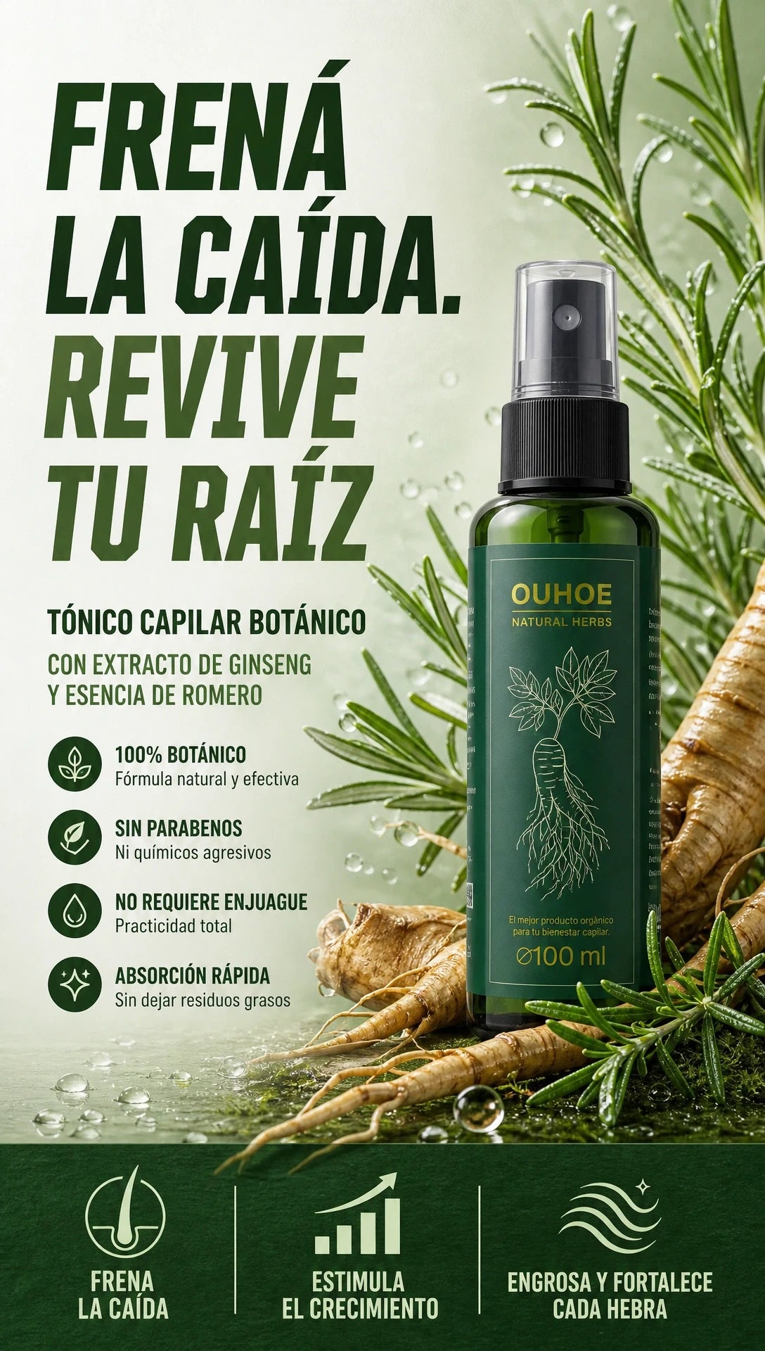 Ouhoe® Estimulador de Crecimiento - Frena la Caída con Ginseng y Romero (100ml)